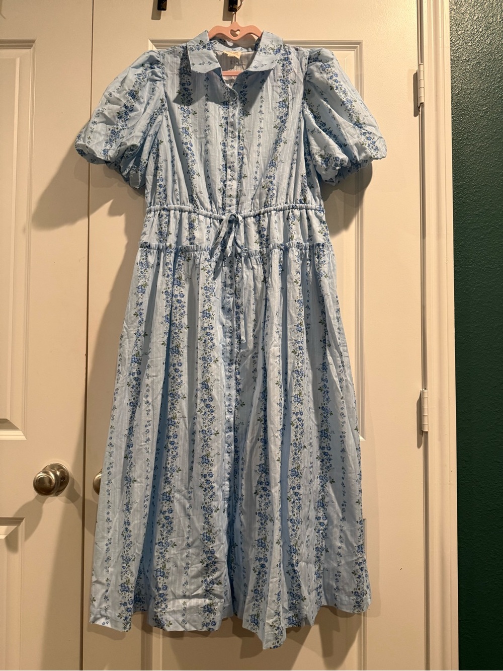 Light Blue Floral Midi Dress with Puff Sleeves Peach Love Brand